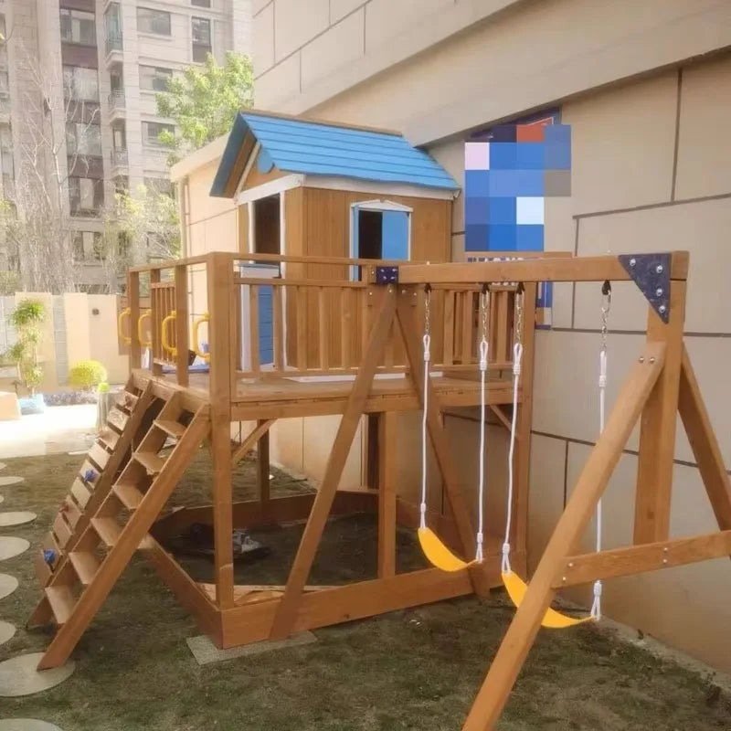 Outdoor Waterproof Wooden Swing Set With Slide  and Sandbox Kids' Playground Play House for Patio Backyard