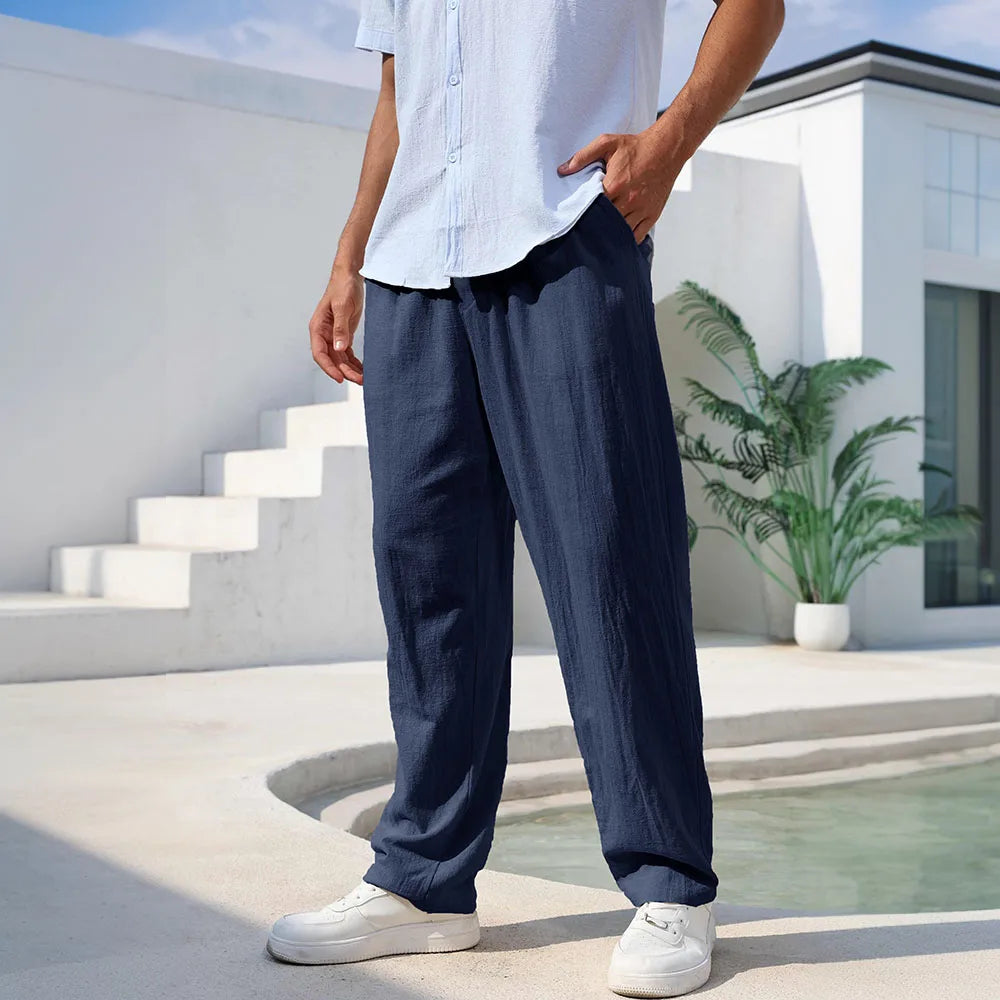 Men's Cotton Linen Pants Straight Leg Lightweight Breathable Comfortable Trousers Beach Style