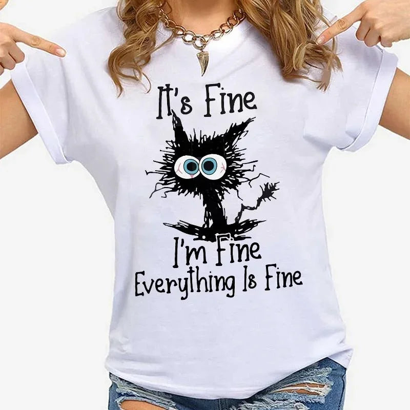 Women Clothes Cat It's Fine I'm Fine Everything Is Fine Print T-shirts Summer Casual