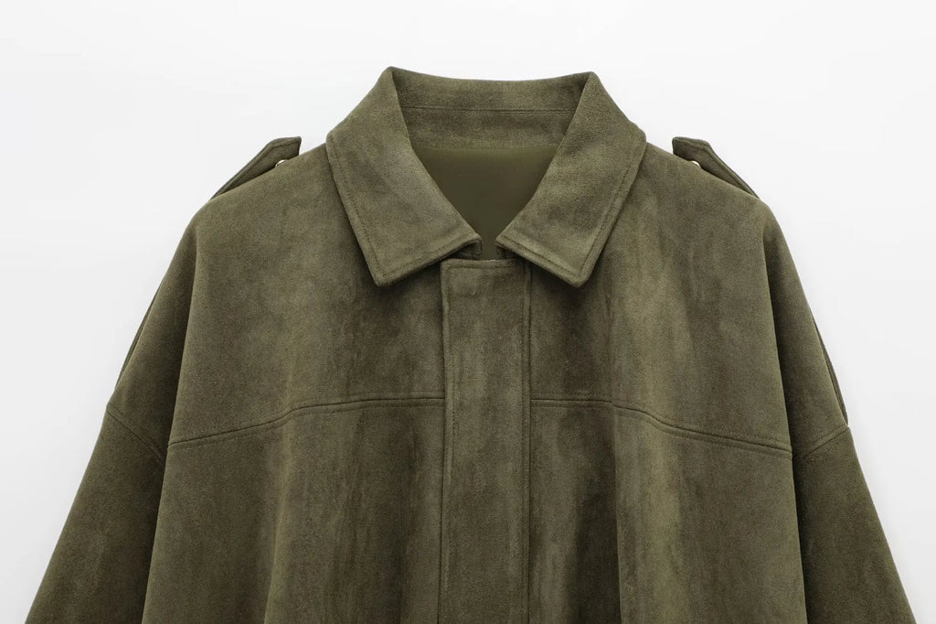 Women Brown Green Suede Jacket Loose Casual Bomber Coat Lapel Zipper Long Sleeve Jackets Vintage Lady Motorcycle Outwears