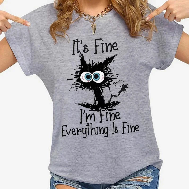 Women Clothes Cat It's Fine I'm Fine Everything Is Fine Print T-shirts Summer Casual
