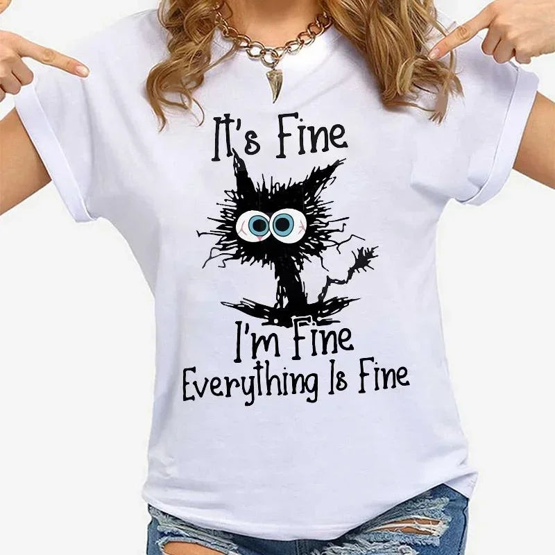 Women Clothes Cat It's Fine I'm Fine Everything Is Fine Print T-shirts Summer Casual