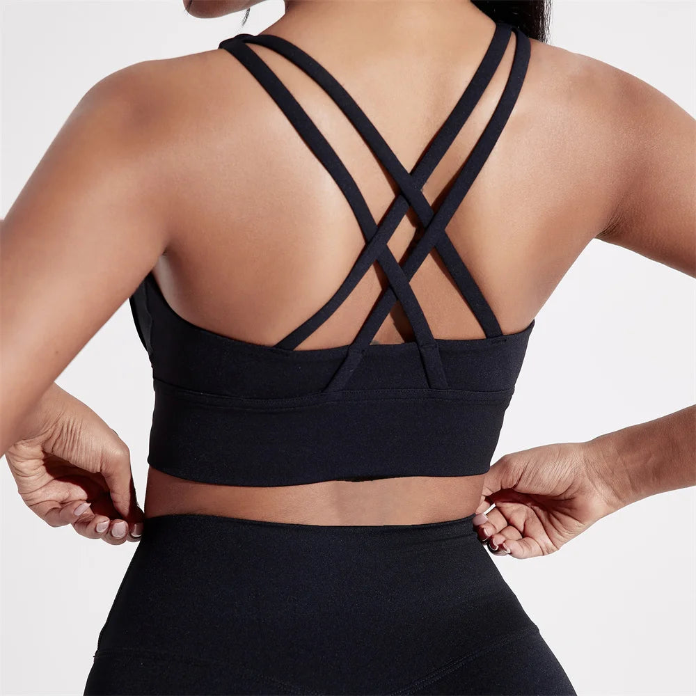 Solid Color Women Cross back Fitness sport Bra High strength Tight Top