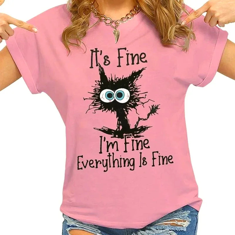 Women Clothes Cat It's Fine I'm Fine Everything Is Fine Print T-shirts Summer Casual