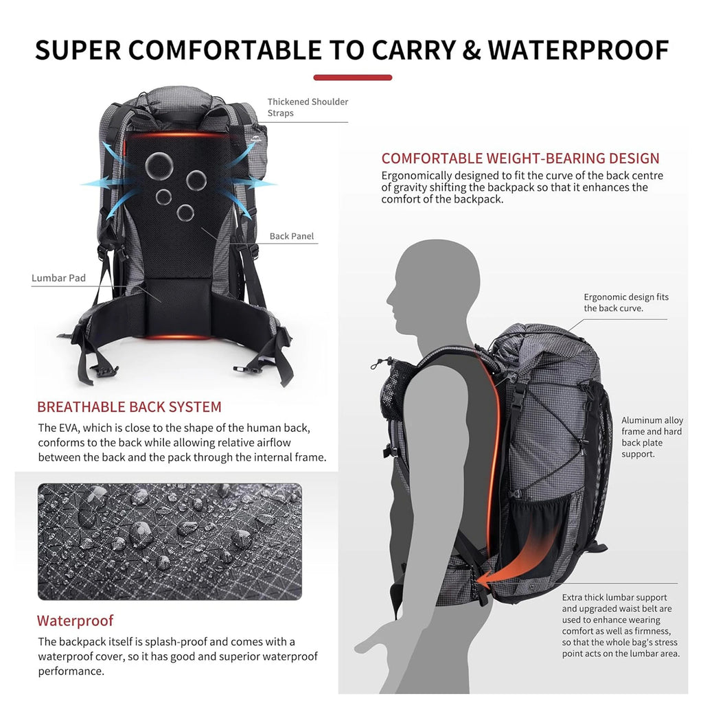 Outdoor Backpack 60+5L Waterproof High Capacity Sports Climbing Hiking With Rain Cover