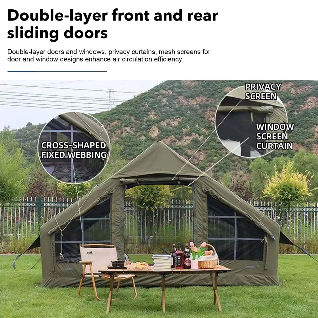 Army Green Waterproof  Inflatable Tent for Camping,4 Season Air Tent House with Chimney Opening