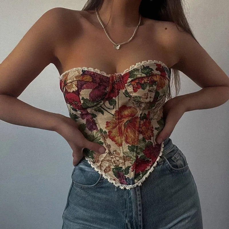 Vintage  Print Strapless Bandage Lace Fishbone Women Summer Slim Fit Crop Tops Streetwear Tank 2025 Tube Tops