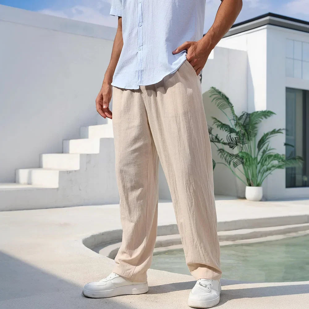 Men's Cotton Linen Pants Straight Leg Lightweight Breathable Comfortable Trousers Beach Style