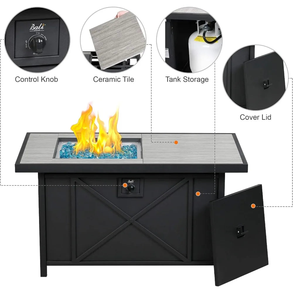 42 inch 50,000 BTU Rectangular Propane Gas Fire Pit Table with Fire Glass and Table Lid, Fire Pits Outdoor for Garden, Patio, B