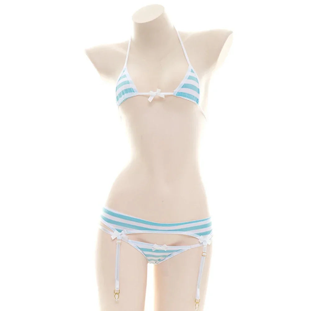 Sexy Bikini Set Women Stripe Cute Lingerie Micro-Schoolgirl Anime Cosplay