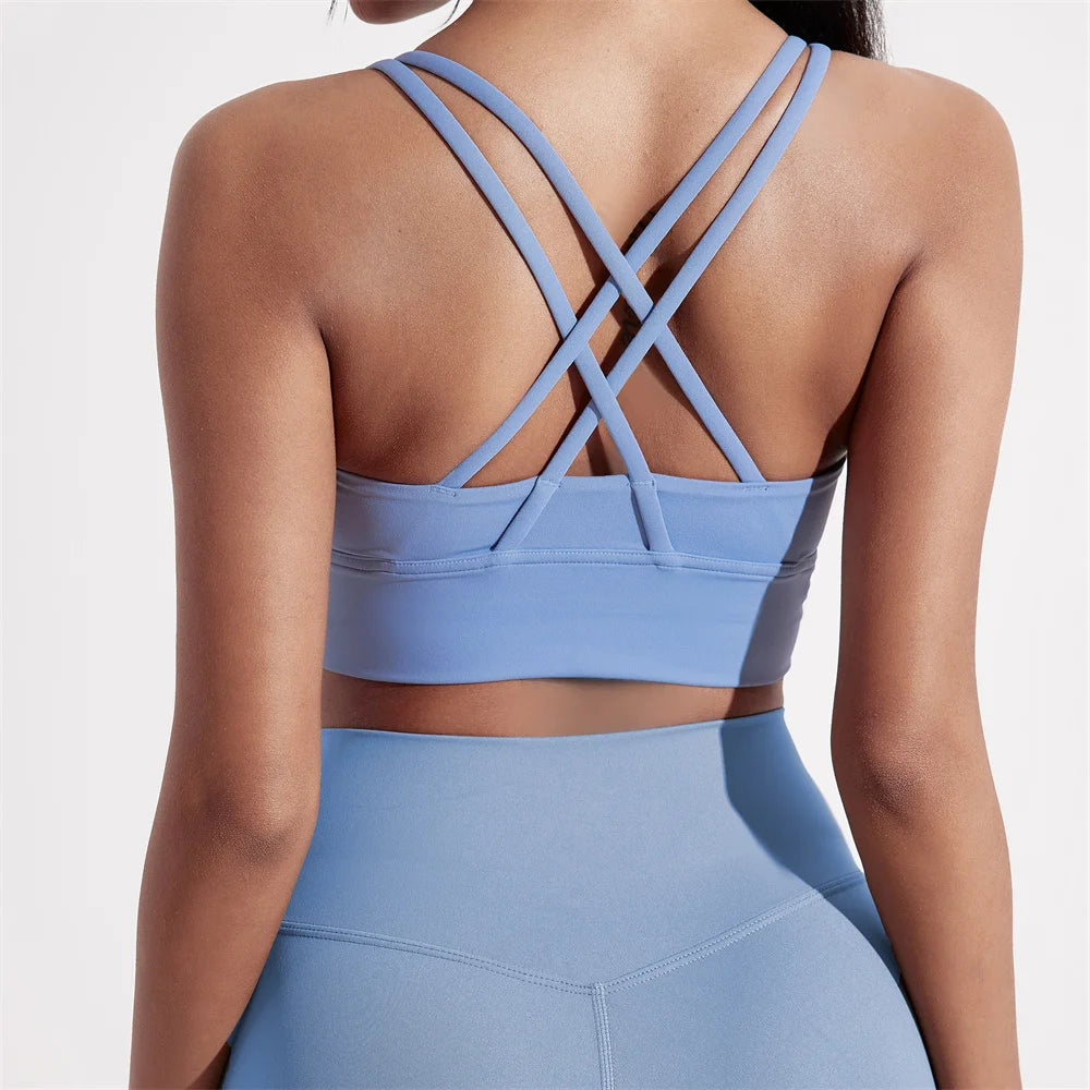 Solid Color Women Cross back Fitness sport Bra High strength Tight Top