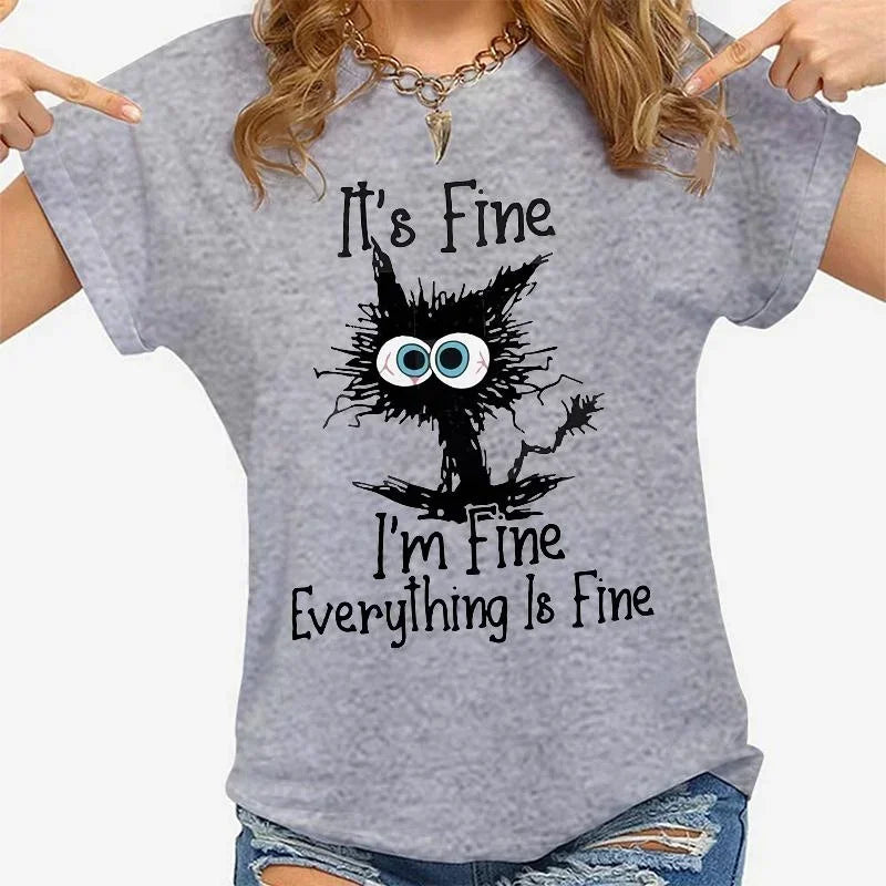 Women Clothes Cat It's Fine I'm Fine Everything Is Fine Print T-shirts Summer Casual