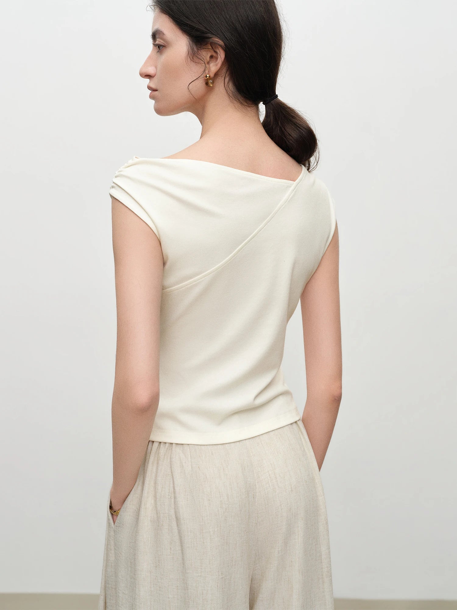 Elastic Antibacterial Stylish Off-Shoulder Cross-Neckline Women's Fitted T-Shirt