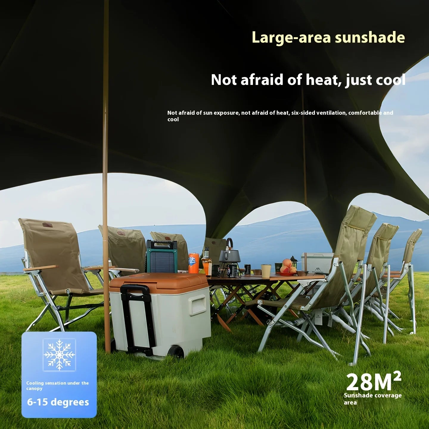 Outdoor sunshade umbrella. Suitable for outdoor recreational activities, camping, and patios.