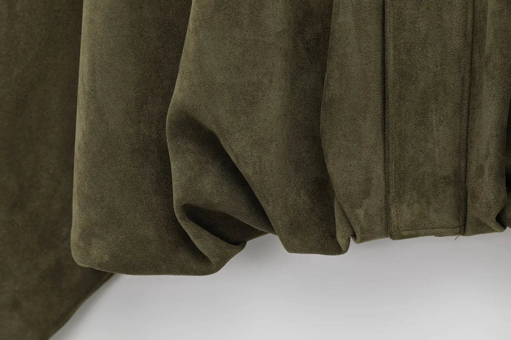 Women Brown Green Suede Jacket Loose Casual Bomber Coat Lapel Zipper Long Sleeve Jackets Vintage Lady Motorcycle Outwears