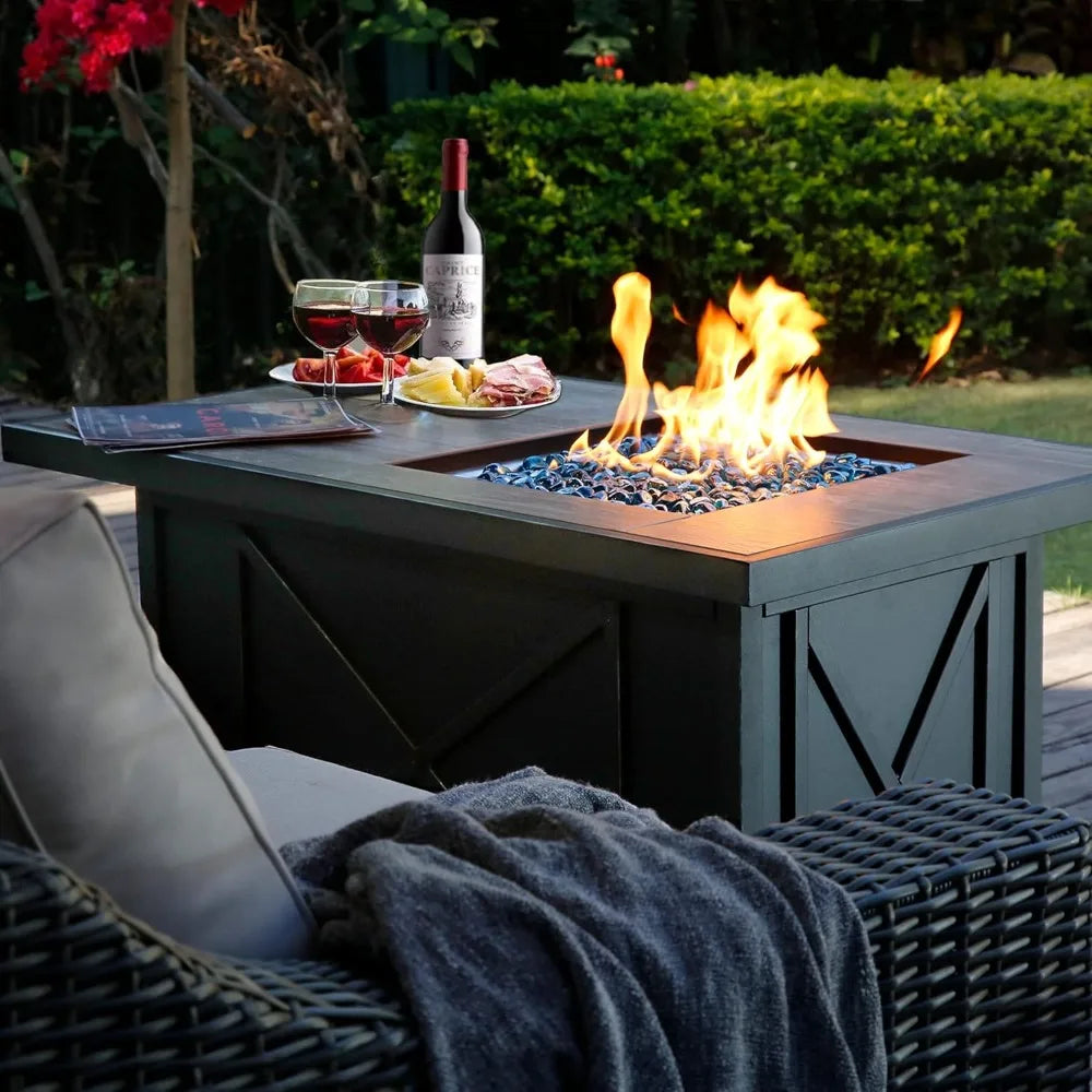 42 inch 50,000 BTU Rectangular Propane Gas Fire Pit Table with Fire Glass and Table Lid, Fire Pits Outdoor for Garden, Patio, B