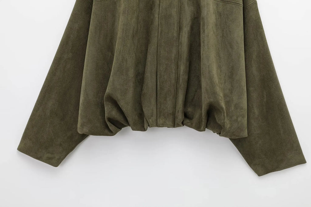 Women Brown Green Suede Jacket Loose Casual Bomber Coat Lapel Zipper Long Sleeve Jackets Vintage Lady Motorcycle Outwears
