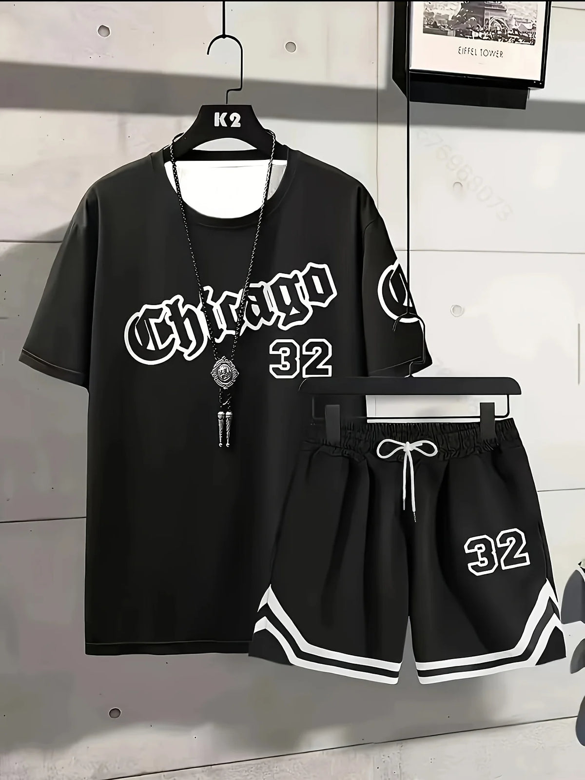 Summer Men's Chicago-Themed Relaxed Set Size 32 Printed T-Shirt and Plus Size Two-Piece Set