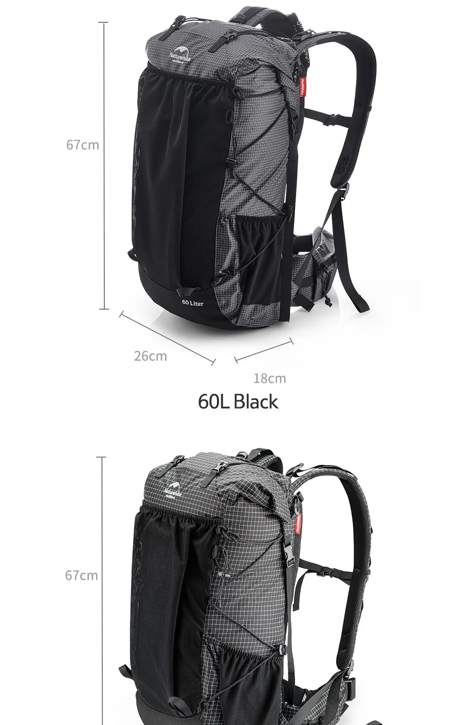 Outdoor Backpack 60+5L Waterproof High Capacity Sports Climbing Hiking With Rain Cover
