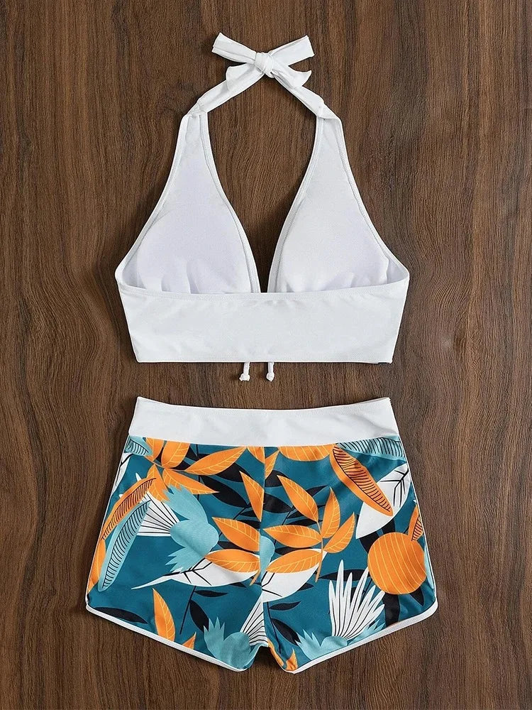 Europe and the United States swimsuit ladies print neck