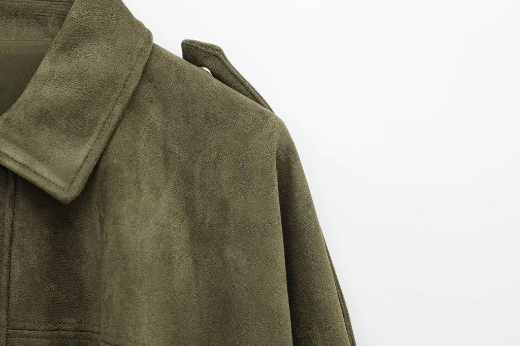 Women Brown Green Suede Jacket Loose Casual Bomber Coat Lapel Zipper Long Sleeve Jackets Vintage Lady Motorcycle Outwears