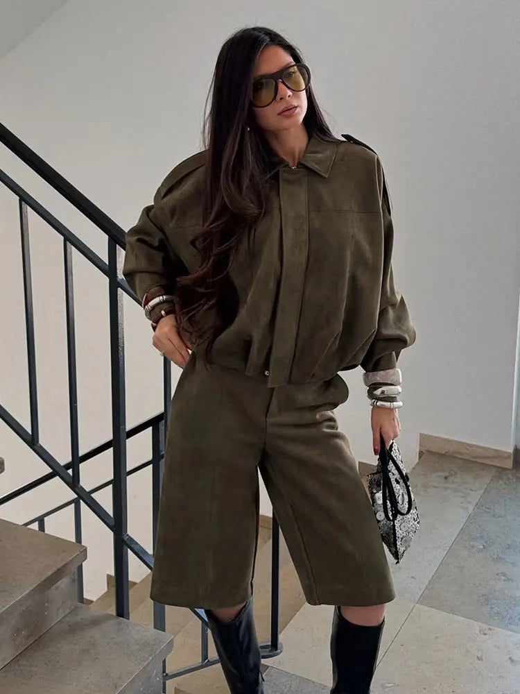 Women Brown Green Suede Jacket Loose Casual Bomber Coat Lapel Zipper Long Sleeve Jackets Vintage Lady Motorcycle Outwears
