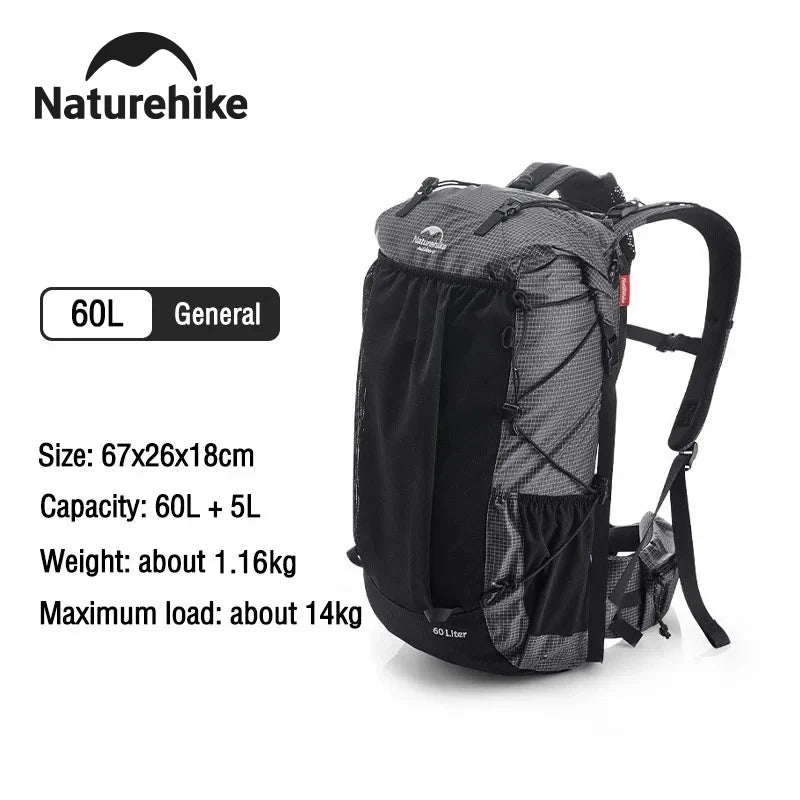 Outdoor Backpack 60+5L Waterproof High Capacity Sports Climbing Hiking With Rain Cover