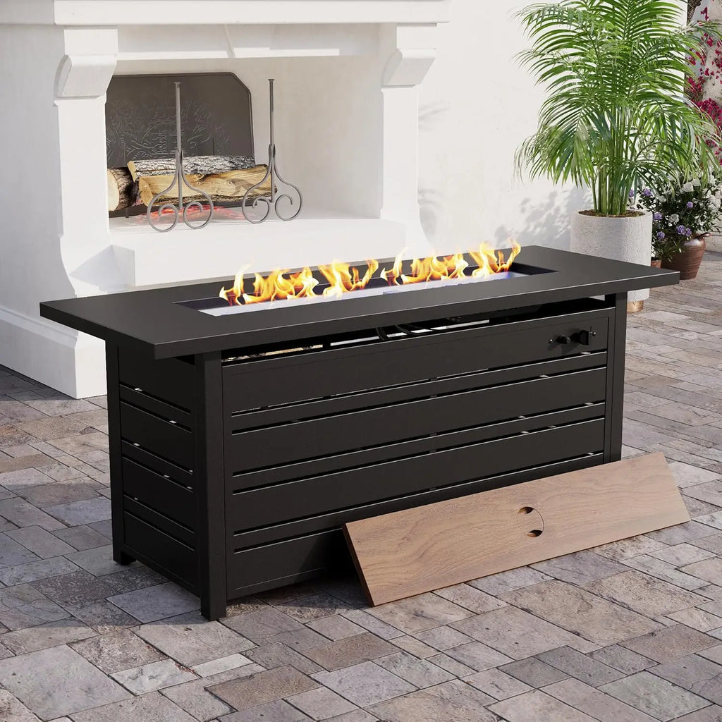 Propane Gas Fire Pit Tabletop with Glass Rock, Black Outdoor