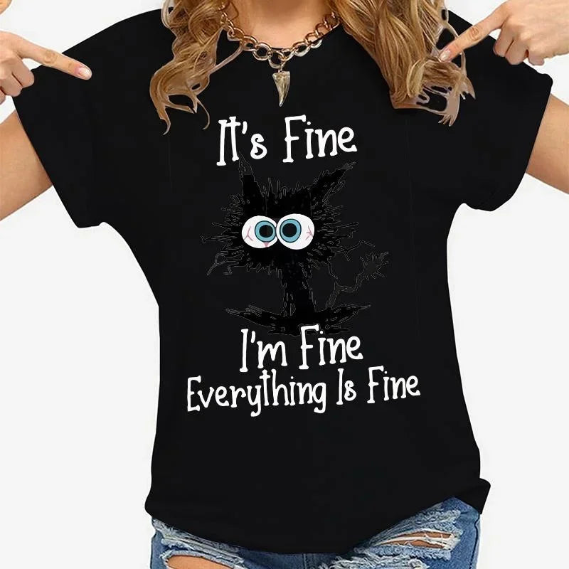 Women Clothes Cat It's Fine I'm Fine Everything Is Fine Print T-shirts Summer Casual