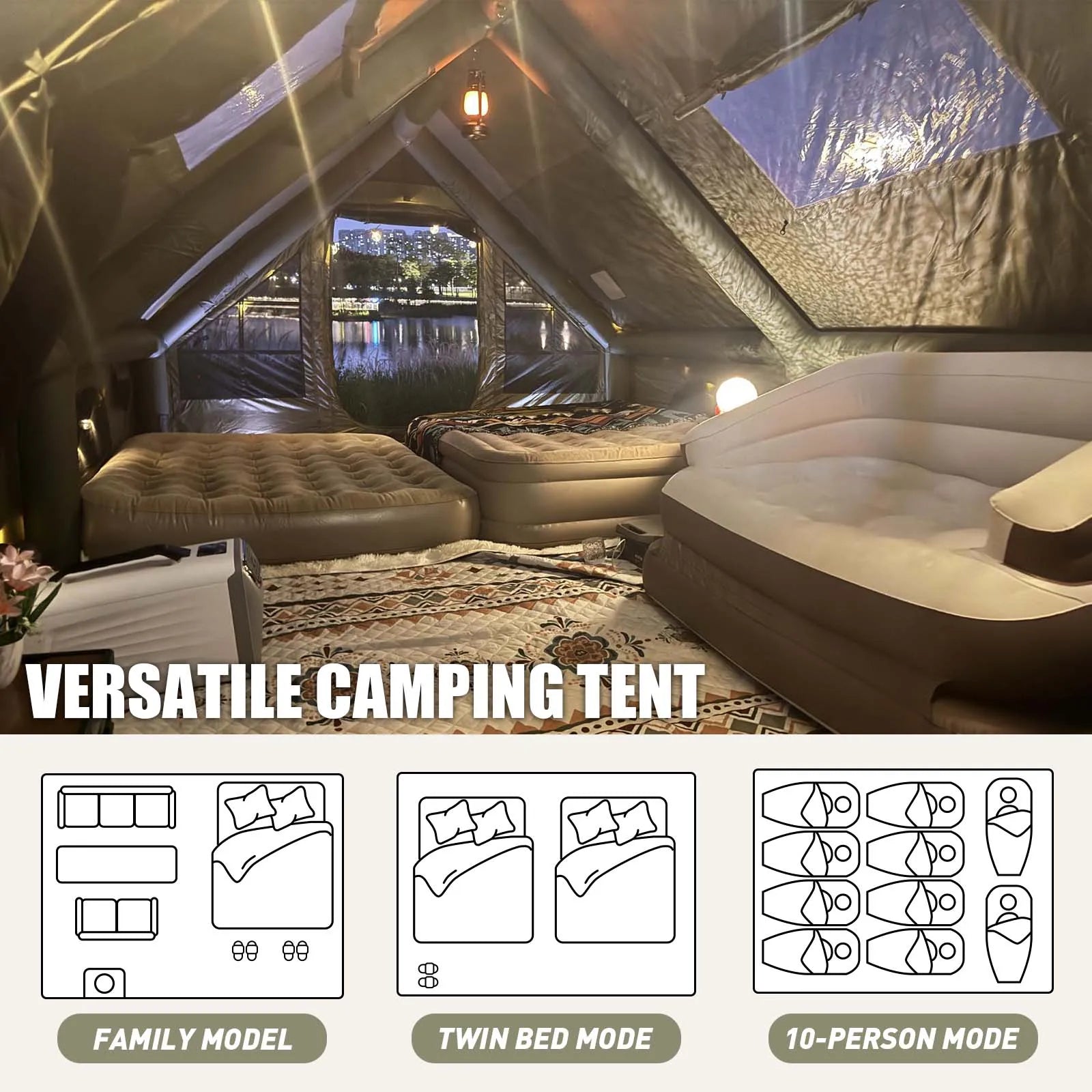 Army Green Waterproof  Inflatable Tent for Camping,4 Season Air Tent House with Chimney Opening