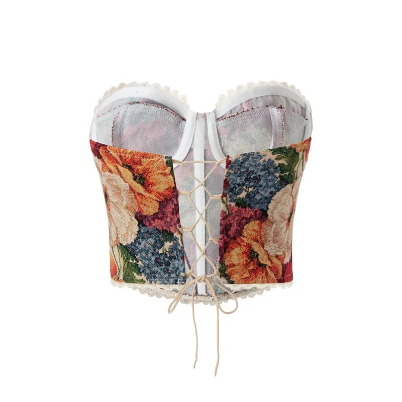 Vintage  Print Strapless Bandage Lace Fishbone Women Summer Slim Fit Crop Tops Streetwear Tank 2025 Tube Tops