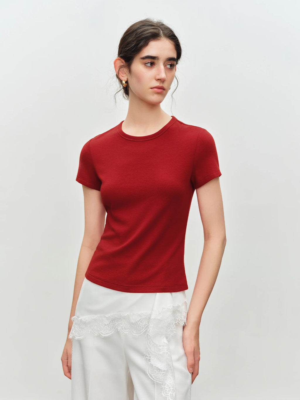 Elastic Solid Basics Short-sleeved Slim-fit Knit T-shirt for Women New Summer 2026 Design Red