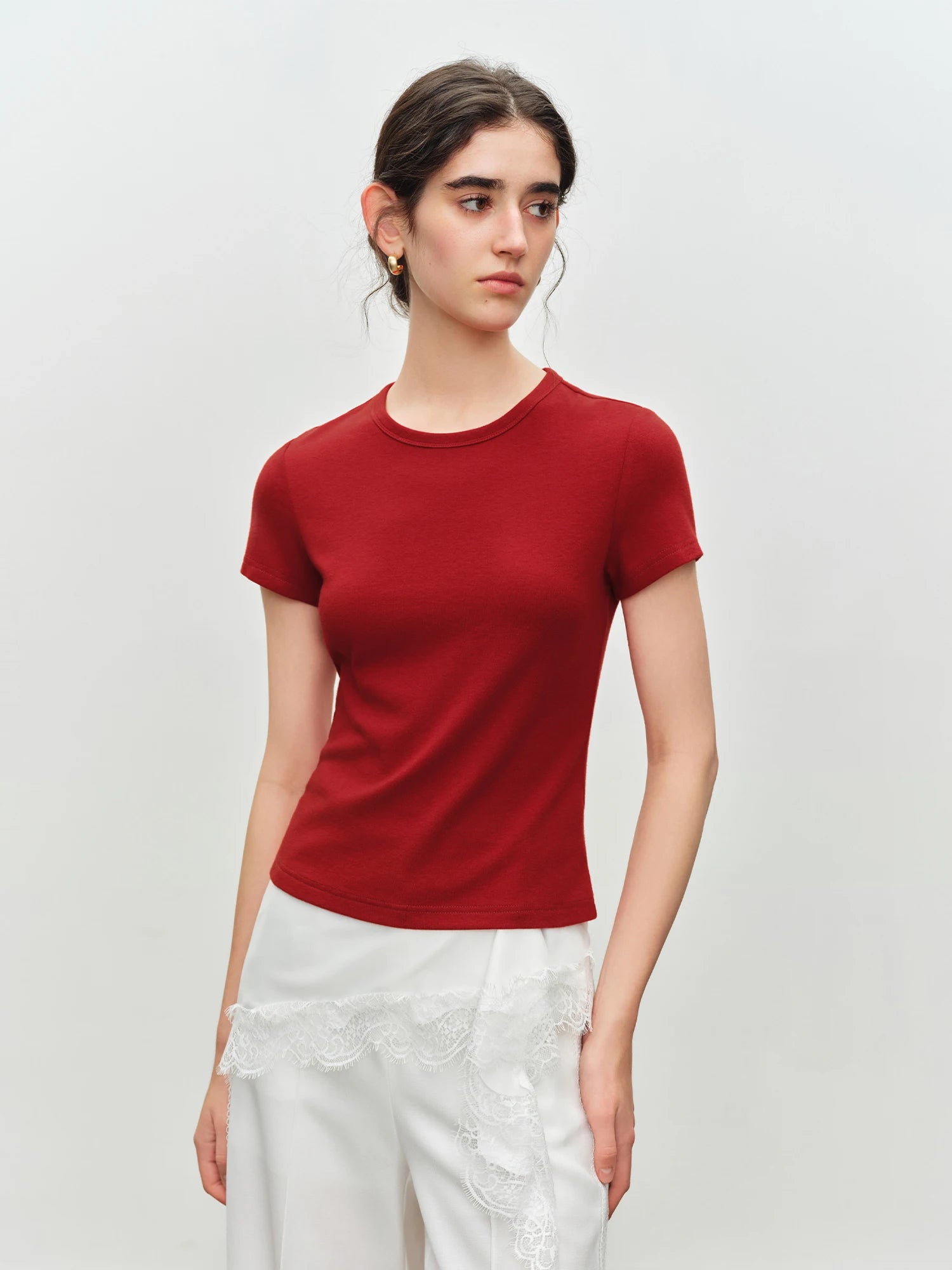 Elastic Solid Basics Short-sleeved Slim-fit Knit T-shirt for Women New Summer 2026 Design Red