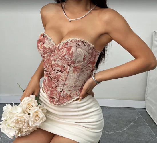 Vintage  Print Strapless Bandage Lace Fishbone Women Summer Slim Fit Crop Tops Streetwear Tank 2025 Tube Tops