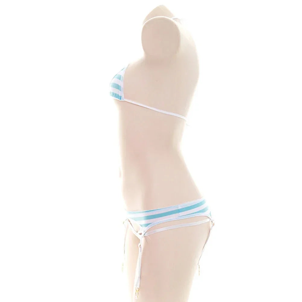 Sexy Bikini Set Women Stripe Cute Lingerie Micro-Schoolgirl Anime Cosplay