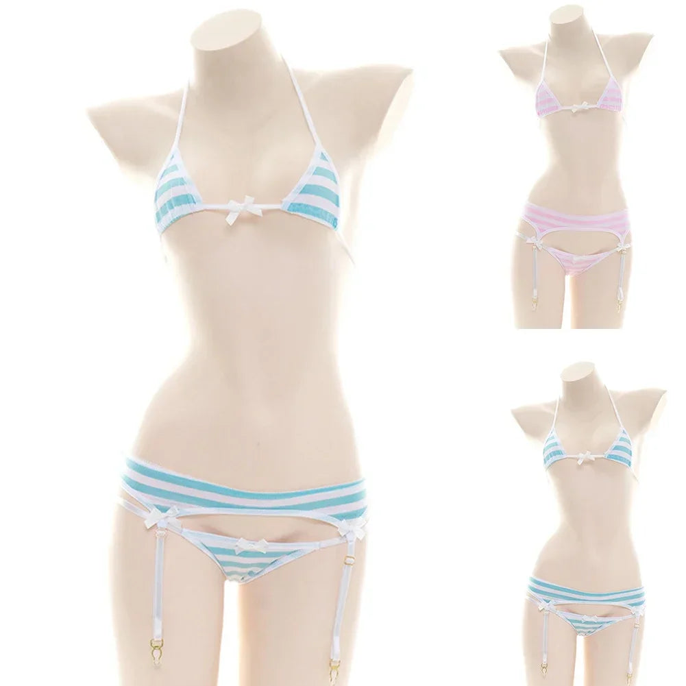 Sexy Bikini Set Women Stripe Cute Lingerie Micro-Schoolgirl Anime Cosplay
