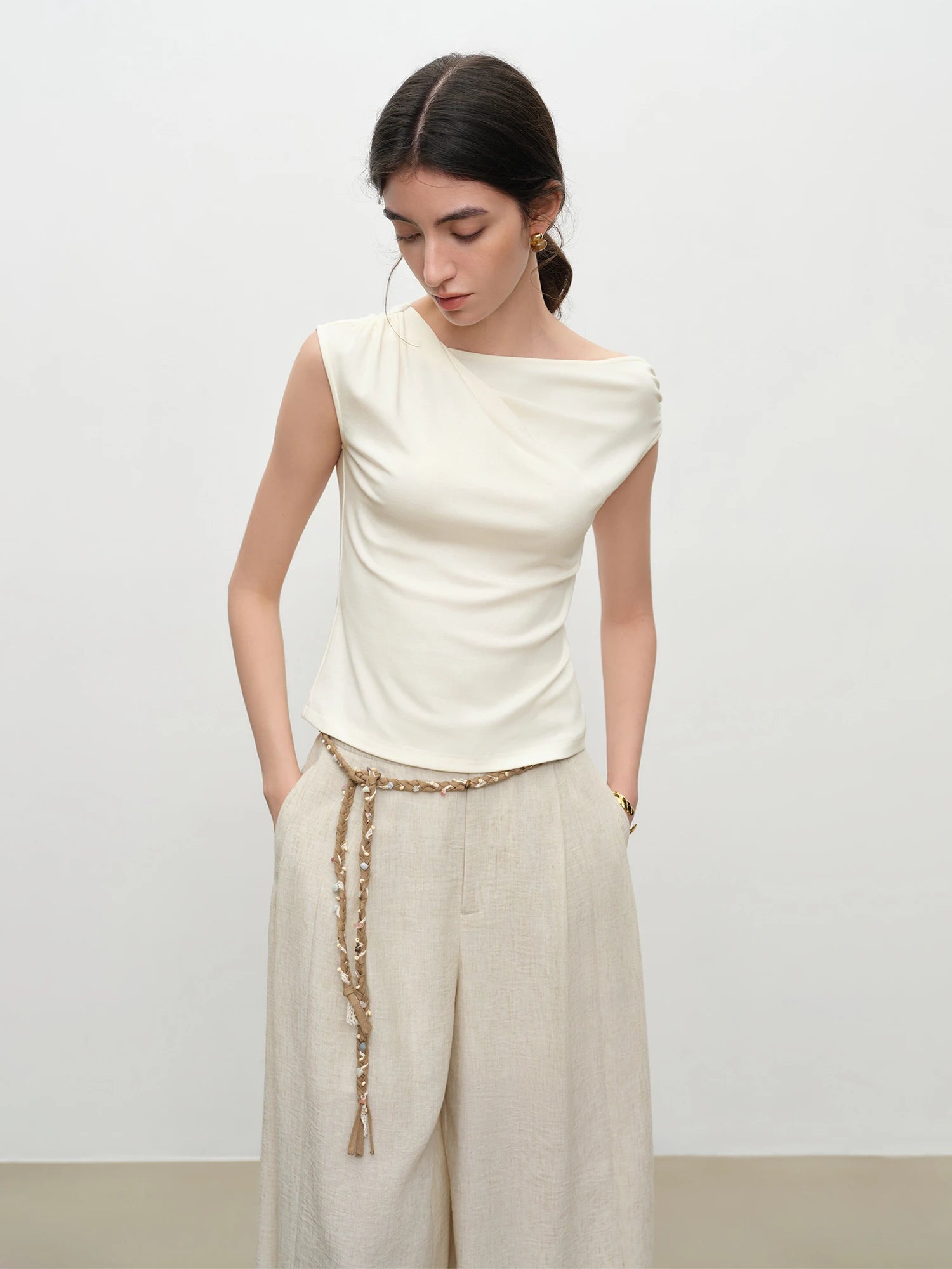 Elastic Antibacterial Stylish Off-Shoulder Cross-Neckline Women's Fitted T-Shirt