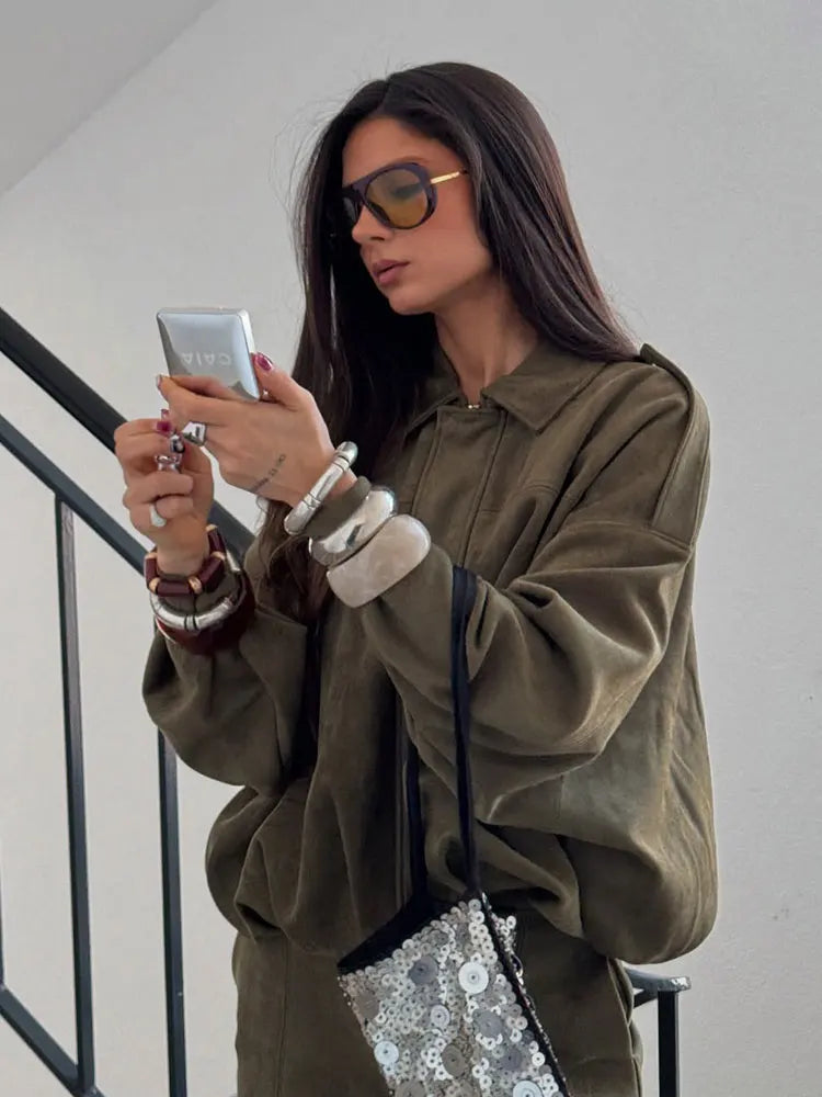 Women Brown Green Suede Jacket Loose Casual Bomber Coat Lapel Zipper Long Sleeve Jackets Vintage Lady Motorcycle Outwears