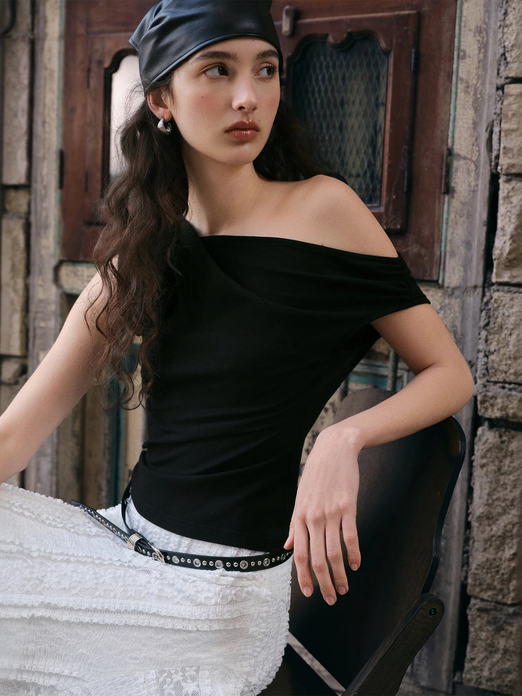 Elastic Antibacterial Stylish Off-Shoulder Cross-Neckline Women's Fitted T-Shirt