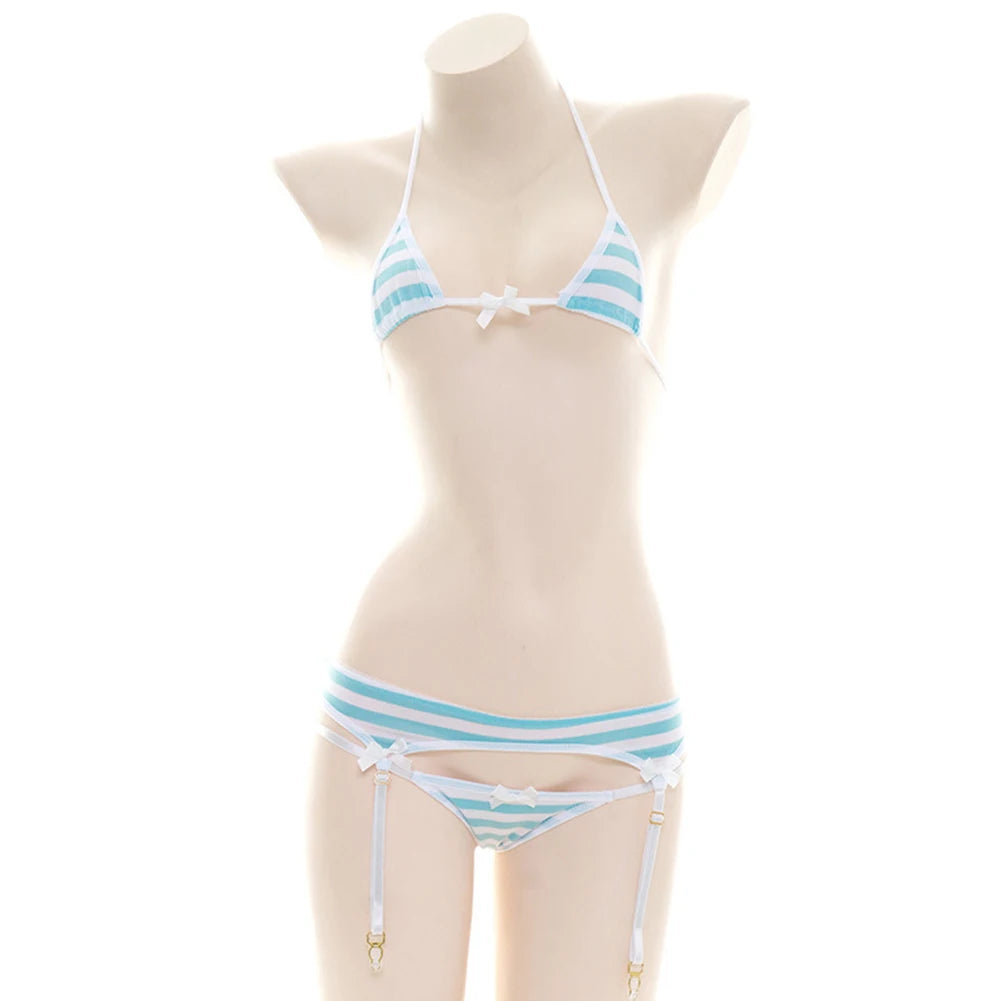 Sexy Bikini Set Women Stripe Cute Lingerie Micro-Schoolgirl Anime Cosplay