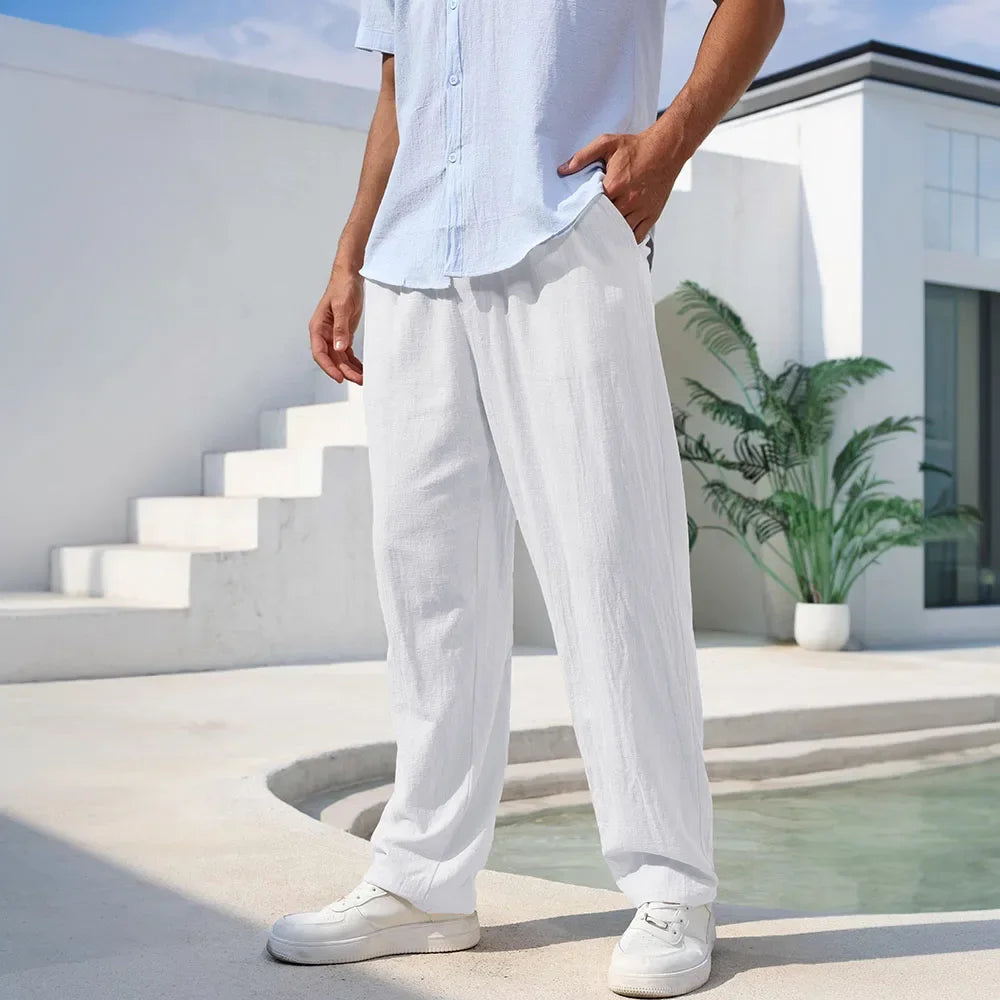 Men's Cotton Linen Pants Straight Leg Lightweight Breathable Comfortable Trousers Beach Style