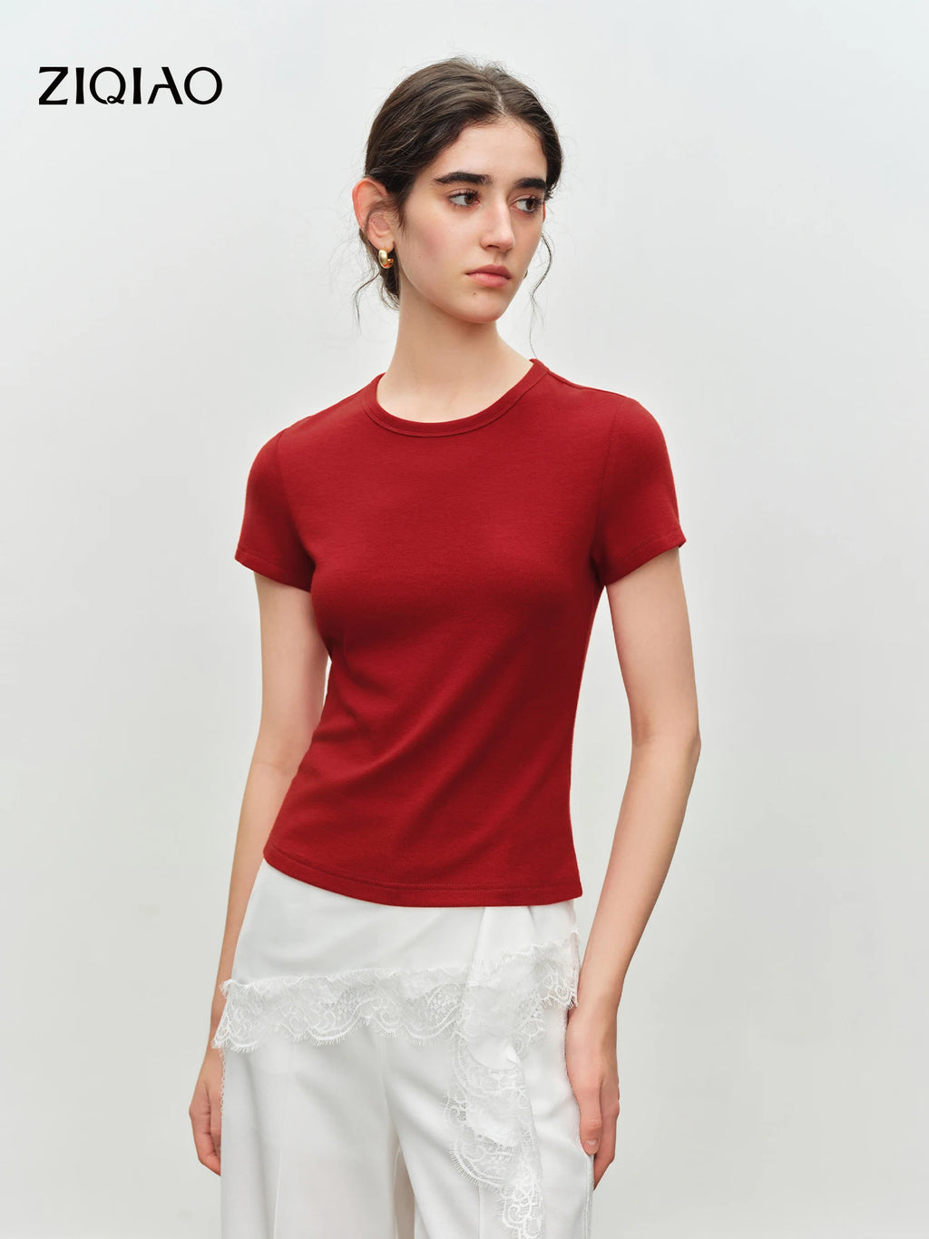 Elastic Solid Basics Short-sleeved Slim-fit Knit T-shirt for Women New Summer 2026 Design Red