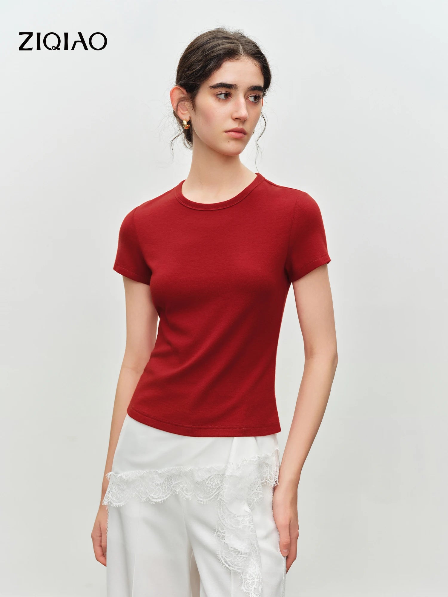 Elastic Solid Basics Short-sleeved Slim-fit Knit T-shirt for Women New Summer 2026 Design Red