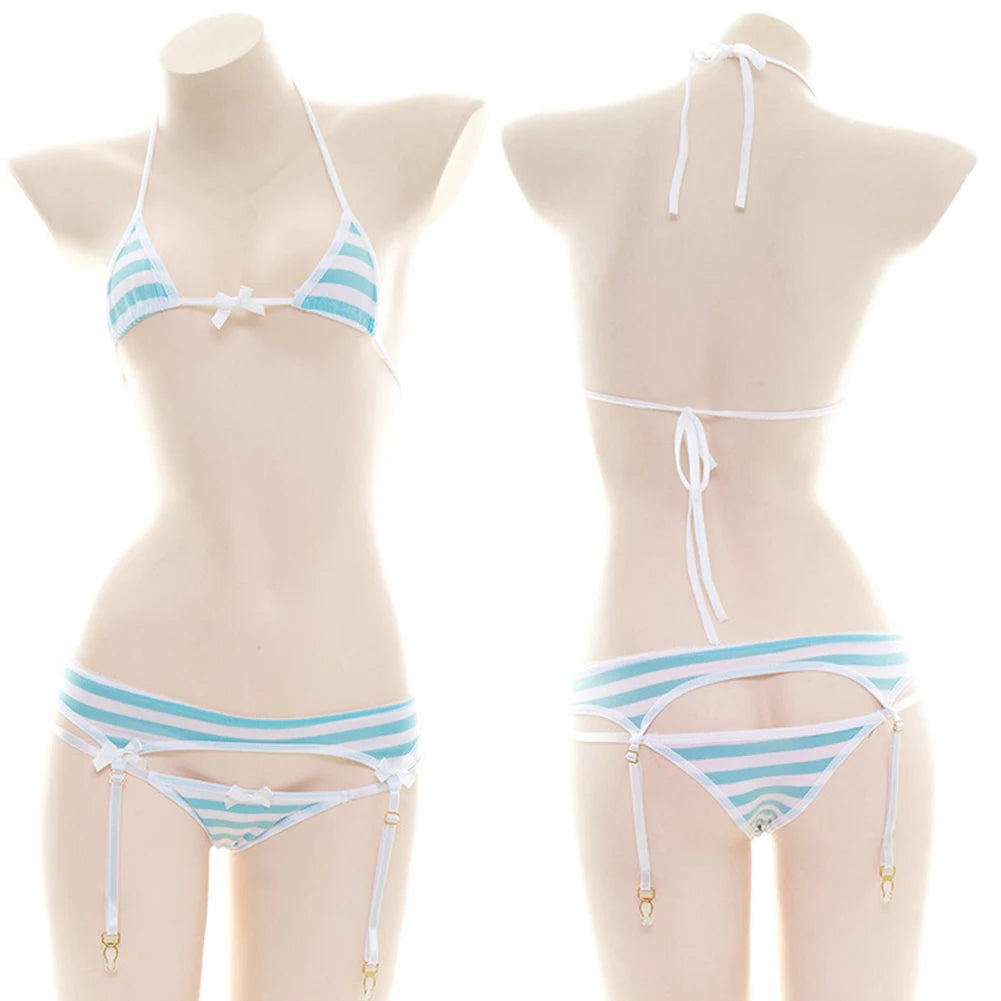 Sexy Bikini Set Women Stripe Cute Lingerie Micro-Schoolgirl Anime Cosplay