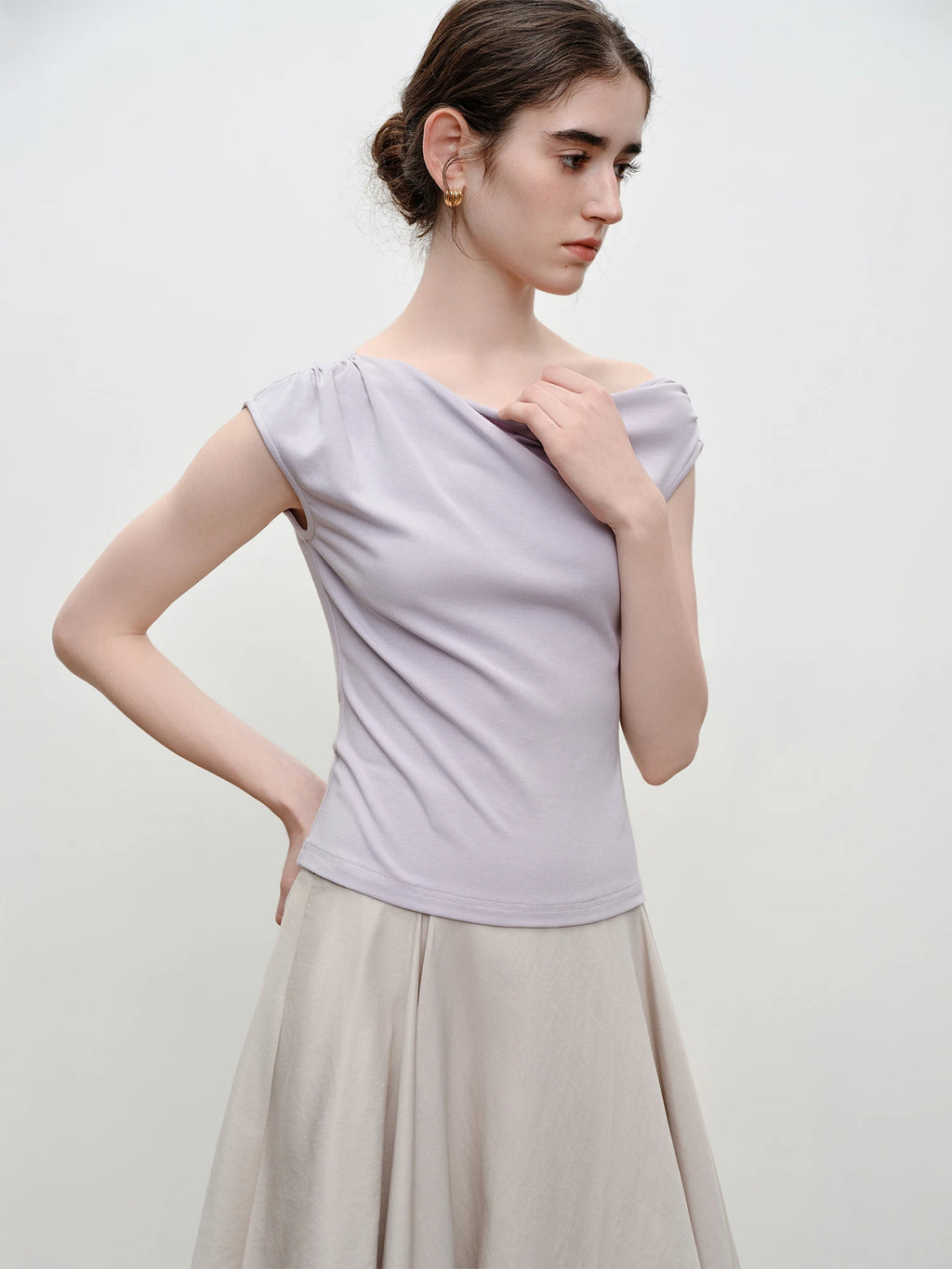 Elastic Antibacterial Stylish Off-Shoulder Cross-Neckline Women's Fitted T-Shirt