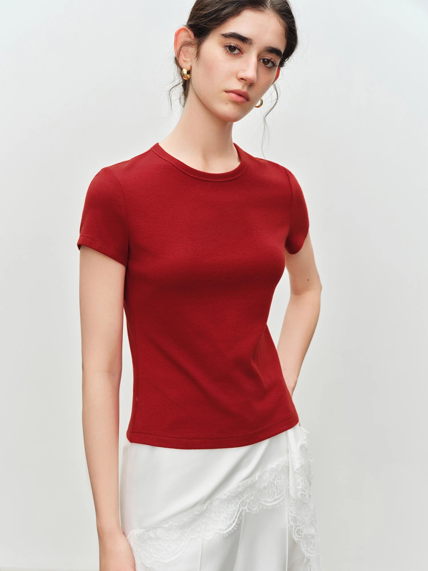 Elastic Solid Basics Short-sleeved Slim-fit Knit T-shirt for Women New Summer 2026 Design Red