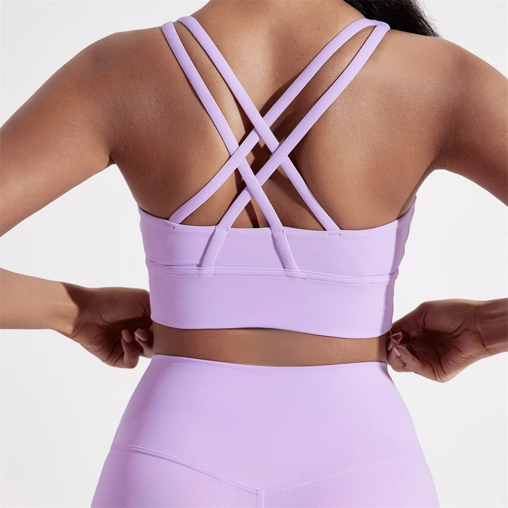 Solid Color Women Cross back Fitness sport Bra High strength Tight Top