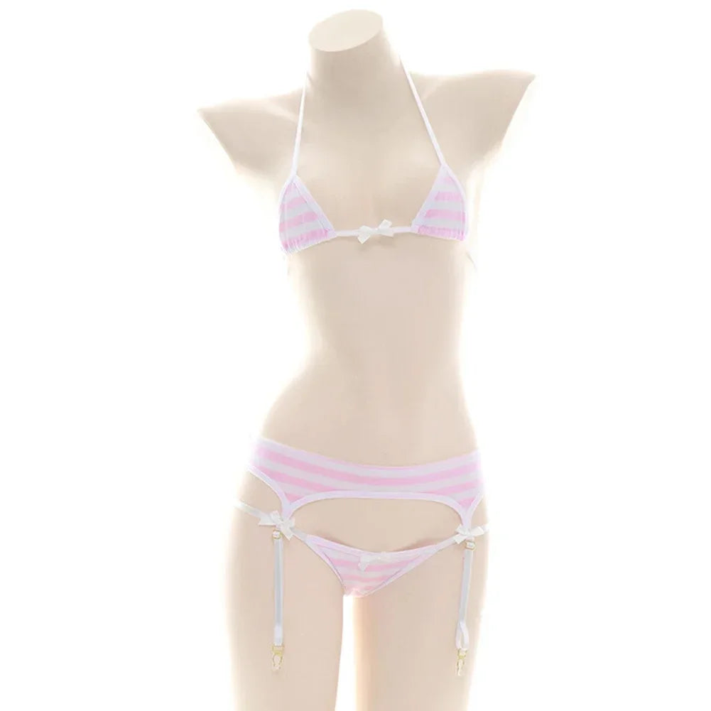 Sexy Bikini Set Women Stripe Cute Lingerie Micro-Schoolgirl Anime Cosplay