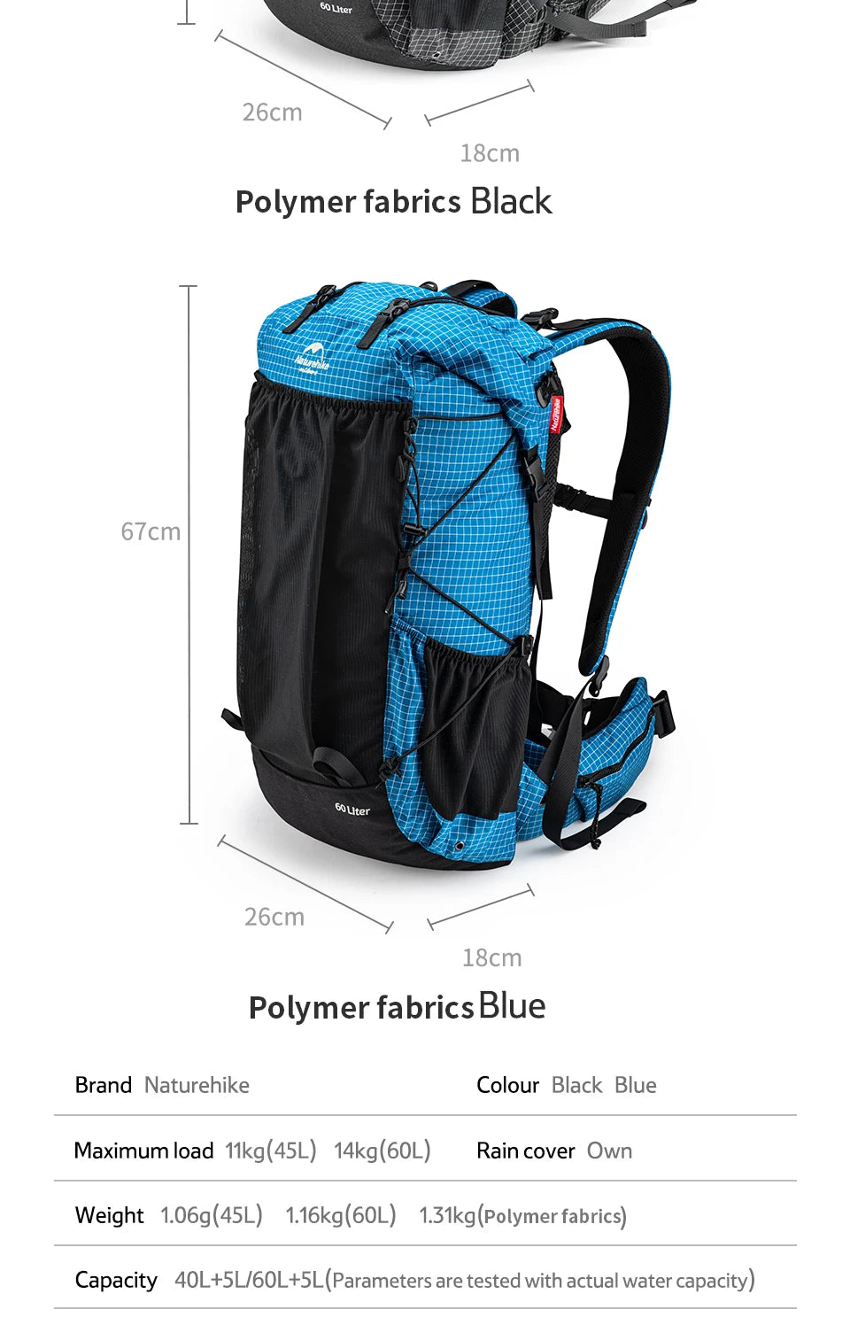 Outdoor Backpack 60+5L Waterproof High Capacity Sports Climbing Hiking With Rain Cover
