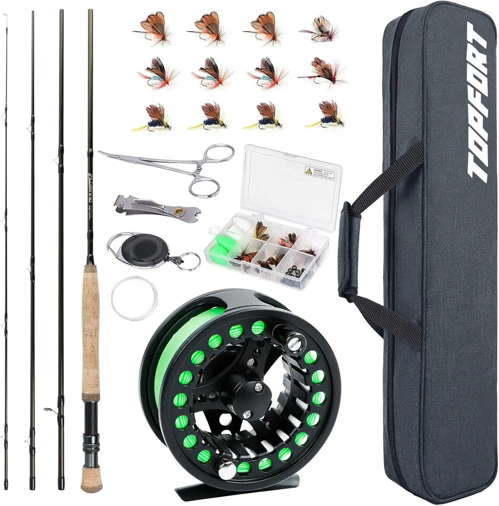 Complete Fly Fishing Starter Kit with 4-Piece Graphite Rod, Reel, Flies & Bag - Lightweight Portable